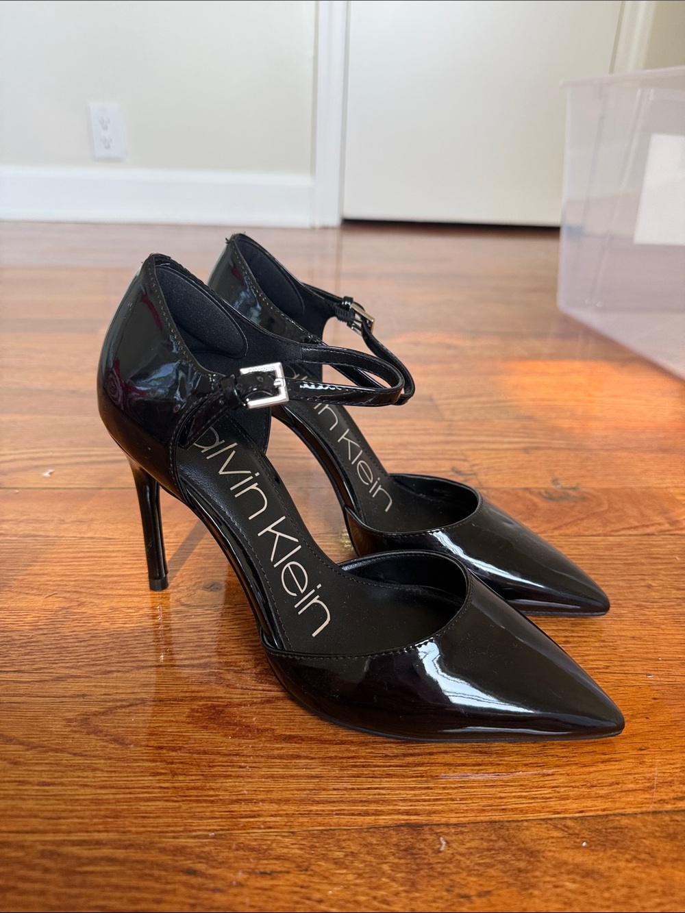 Calvin Klein Black Patent Pointed-Toe Ankle-Strap Pumps